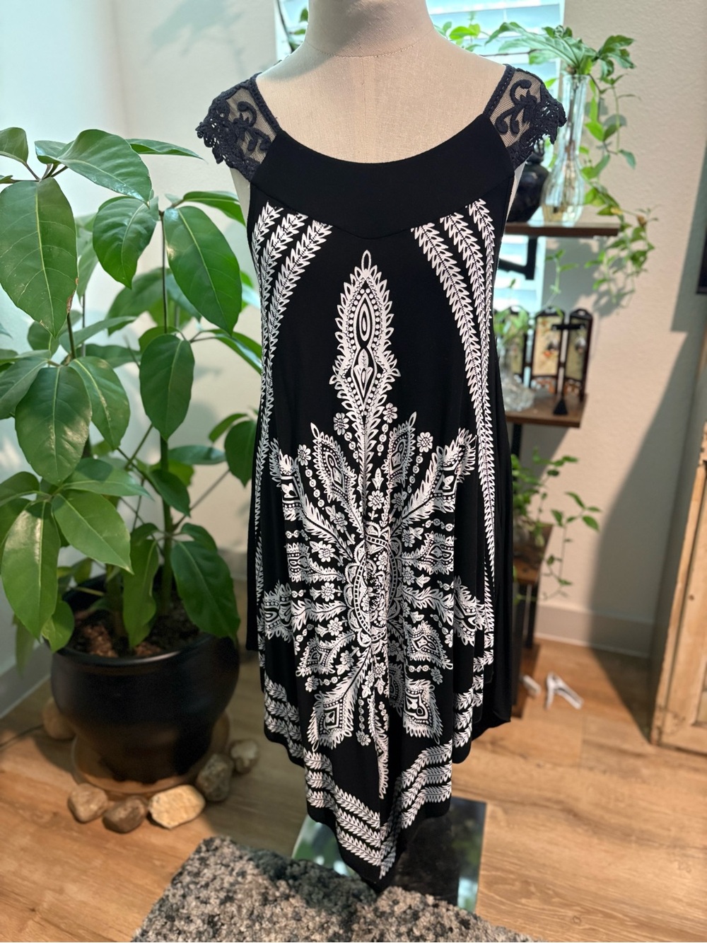 Asymmetrical Black & White Lace-Shoulder Dress w/ White Aztec Bohemian Detailing
